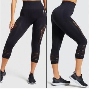 GYMSHARK Black Energy+ Seamless Stretch Cropped Eyelet Leggings Contoured Small